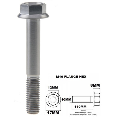 M10X110MM 1.25 THREAD PITCH TITANIUM FLANGE 12MM HEX BOLT GR 5