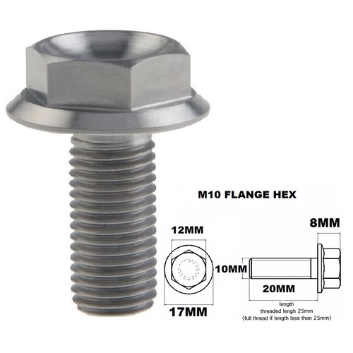 M10X20MM 1.25 THREAD PITCH TITANIUM FLANGE 12MM HEX BOLT GR 5