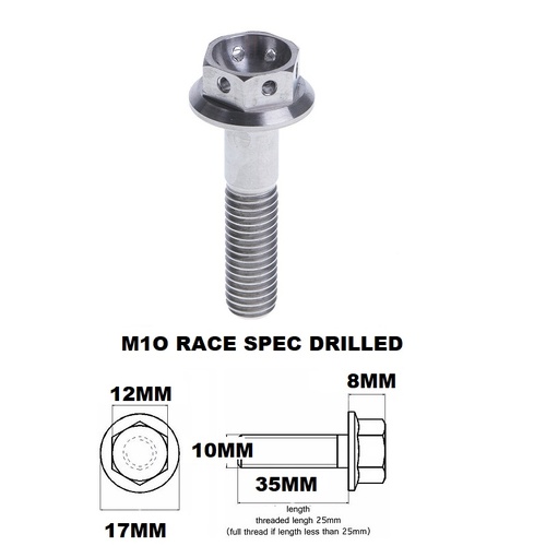 M10X35MM 1.5 THREAD RACE TITANIUM FLANGE 12MM HEX BOLT GR 5