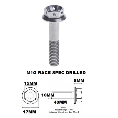 M10X40MM 1.5 THREAD RACE TITANIUM FLANGE 12MM HEX BOLT GR 5