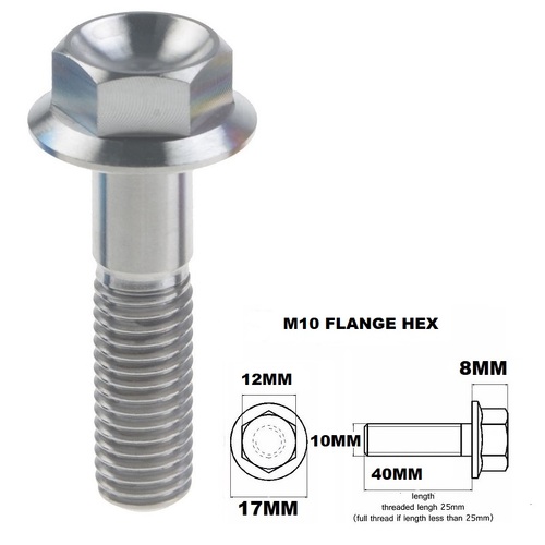 M10X40MM 1.25 THREAD PITCH TITANIUM FLANGE 12MM HEX BOLT GR 5