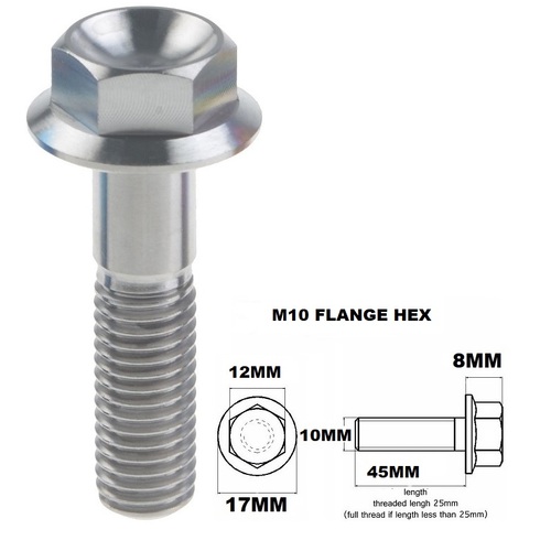 M10X45MM 1.5 THREAD PITCH TITANIUM FLANGE 12MM HEX BOLT GR 5