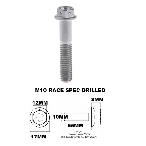 M10X55MM 1.5 THREAD RACE TITANIUM FLANGE 12MM HEX BOLT GR 5