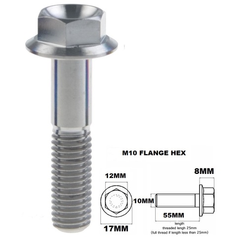 M10X55MM 1.25 THREAD PITCH TITANIUM FLANGE 12MM HEX BOLT GR 5