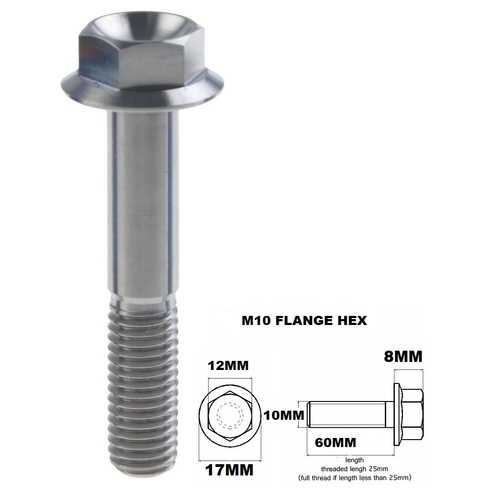 M10X60MM 1.25 THREAD PITCH TITANIUM FLANGE 12MM HEX BOLT GR 5