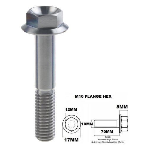 M10X70MM 1.25 THREAD PITCH TITANIUM FLANGE 12MM HEX BOLT GR 5