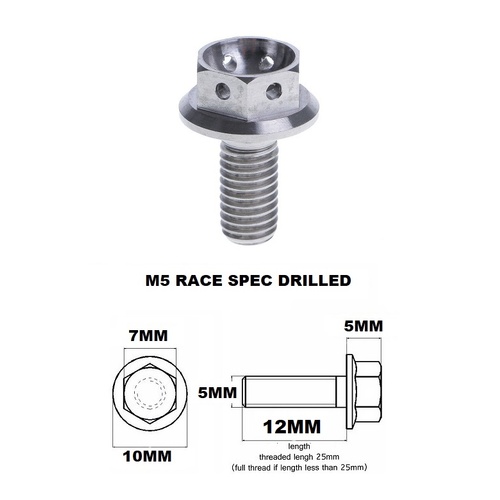 M5X12MM 0.8 THREAD PITCH TITANIUM RACE FLANGE 7MM HEX BOLT GR 5
