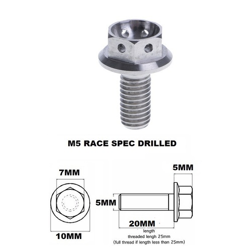 M5X20MM 0.8 THREAD PITCH TITANIUM RACE FLANGE 7MM HEX BOLT GR 5