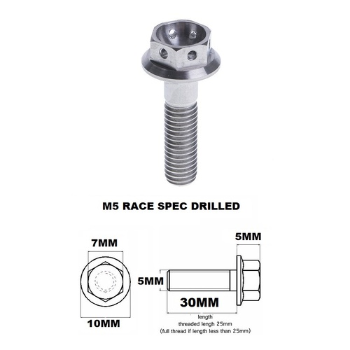 M5X30MM 0.8 THREAD PITCH TITANIUM RACE FLANGE 7MM HEX BOLT GR 5