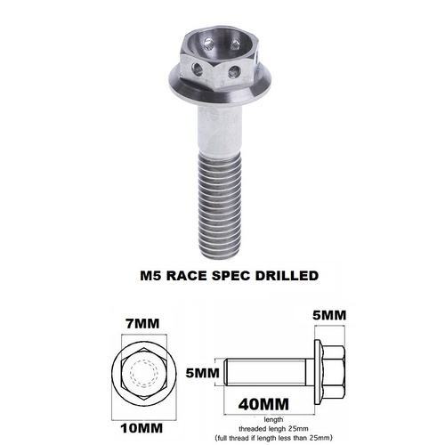 M5X40MM 0.8 THREAD PITCH TITANIUM RACE FLANGE 7MM HEX BOLT GR 5