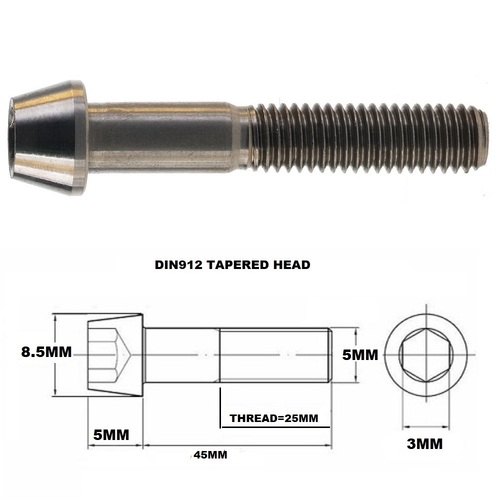 M5X45MM .8 THREAD PITCH TITANIUM TAPERED HEAD BOLT GRADE 5