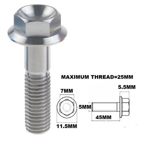 M5X45MM .8 THREAD PITCH TITANIUM FLANGE 7MM HEX BOLT GRADE 5