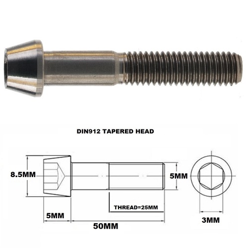 M5X50MM .8 THREAD PITCH TITANIUM TAPERED HEAD BOLT GRADE 5