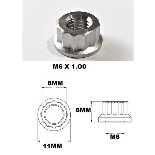 M6 SMALL NUT 6X1.0 THREAD PITCH 12 POINT TITANIUM GR5 8MM HEX