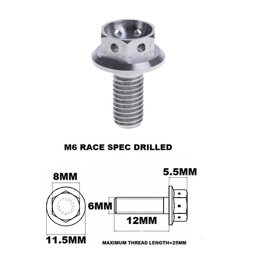 M6X12MM 1.0 THREAD PITCH TITANIUM RACE FLANGE 8MM HEX BOLT GR 5