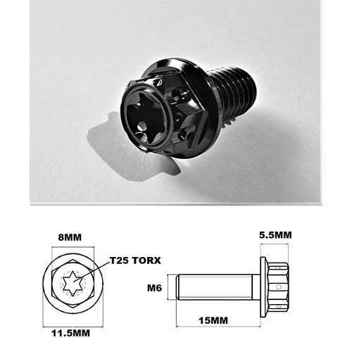 M6X15MM 1.0 THREAD BLACK FANCY DUAL DRIVE TITANIUM 8MM HEX BOLT