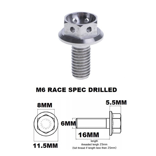 M6X16MM 1.0 THREAD PITCH TITANIUM RACE FLANGE 8MM HEX BOLT GR 5