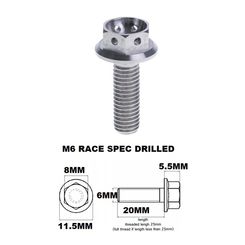 M6X20MM 1.0 THREAD PITCH TITANIUM RACE FLANGE 8MM HEX BOLT GR 5