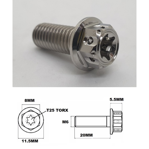 M6X20MM 1.0 THREAD FANCY DUAL DRIVE TITANIUM FLANGE 8MM HEX BOLT