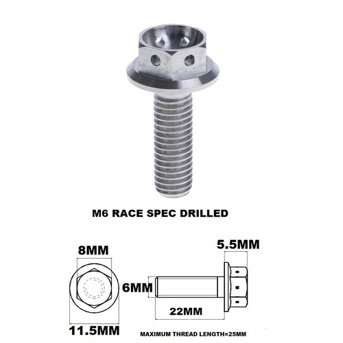 M6X22MM 1.0 THREAD PITCH TITANIUM RACE FLANGE 8MM HEX BOLT GR 5