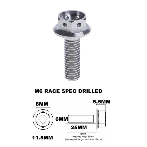 M6X25MM 1.0 THREAD PITCH TITANIUM RACE FLANGE 8MM HEX BOLT GR 5
