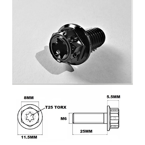 M6X25MM 1.0 THREAD BLACK FANCY DUAL DRIVE TITANIUM 8MM HEX BOLT