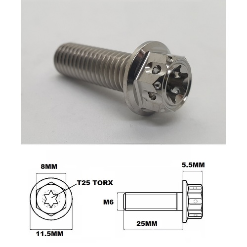 M6X25MM 1.0 THREAD FANCY DUAL DRIVE TITANIUM FLANGE 8MM HEX BOLT