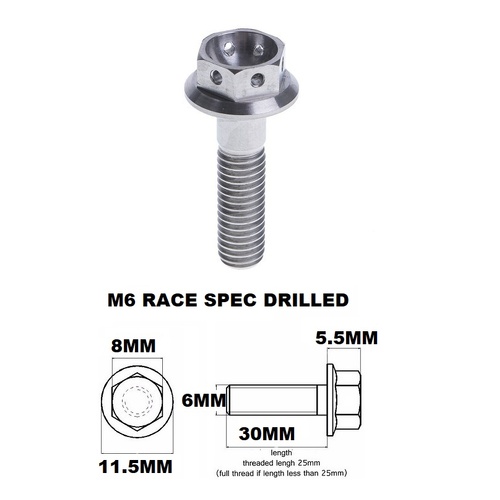 M6X30MM 1.0 THREAD PITCH TITANIUM RACE FLANGE 8MM HEX BOLT GR 5