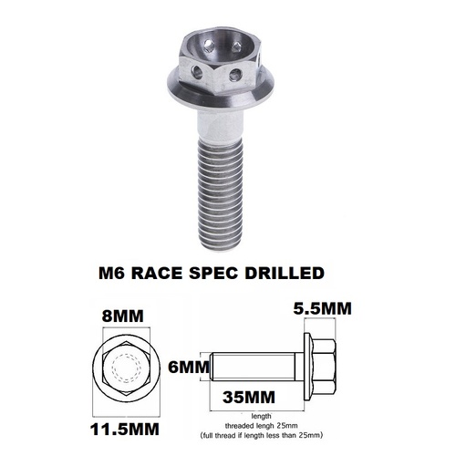 M6X35MM 1.0 THREAD PITCH TITANIUM RACE FLANGE 8MM HEX BOLT GR 5