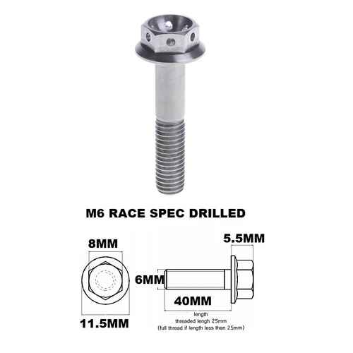 M6X40MM 1.0 THREAD PITCH TITANIUM RACE FLANGE 8MM HEX BOLT GR 5