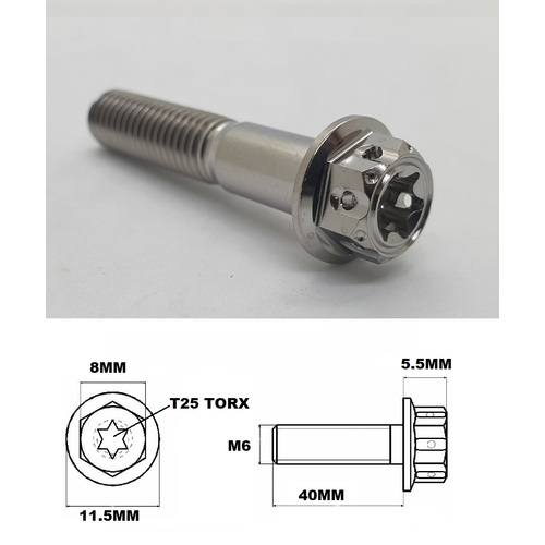 M6X40MM 1.0 THREAD FANCY DUAL DRIVE TITANIUM FLANGE 8MM HEX BOLT