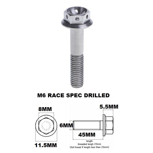 M6X45MM 1.0 THREAD PITCH TITANIUM RACE FLANGE 8MM HEX BOLT GR 5