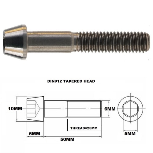 M6X50MM 1.00 THREAD PITCH TITANIUM TAPERED SOCKET HEAD BOLT