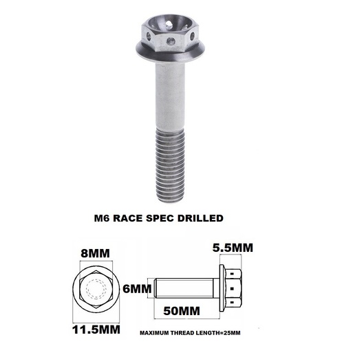 M6X50MM 1.0 THREAD PITCH TITANIUM RACE FLANGE 8MM HEX BOLT GR 5