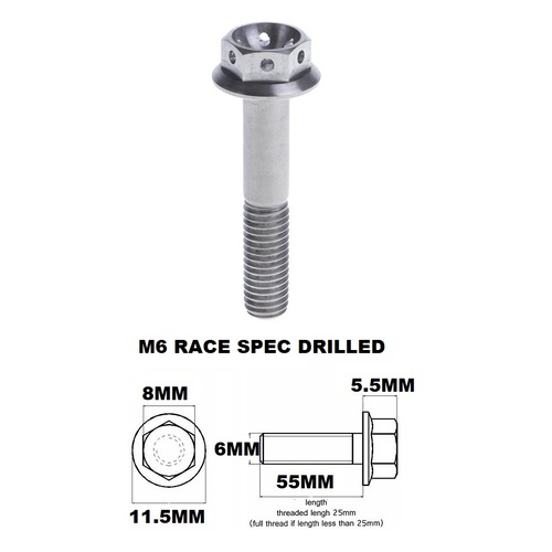 M6X55MM 1.0 THREAD PITCH TITANIUM RACE FLANGE 8MM HEX BOLT GR 5