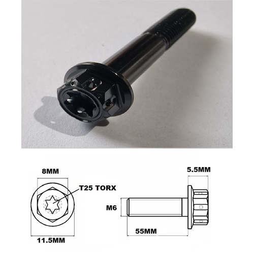 M6X55MM 1.0 BLACK THREAD FANCY DUAL DRIVE TITANIUM 8MM HEX BOLT