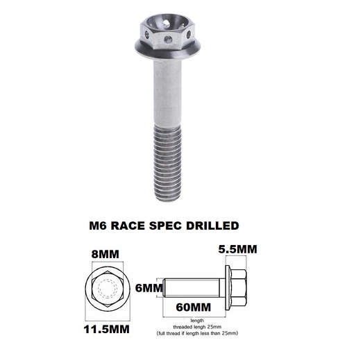 M6X60MM 1.0 THREAD PITCH TITANIUM RACE FLANGE 8MM HEX BOLT GR 5