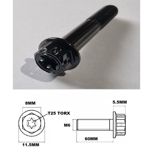 M6X60MM 1.0 THREAD BLACK FANCY DUAL DRIVE TITANIUM 8MM HEX BOLT