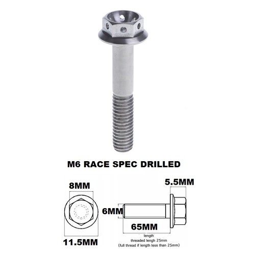 M6X65MM 1.0 THREAD PITCH TITANIUM RACE FLANGE 8MM HEX BOLT GR 5