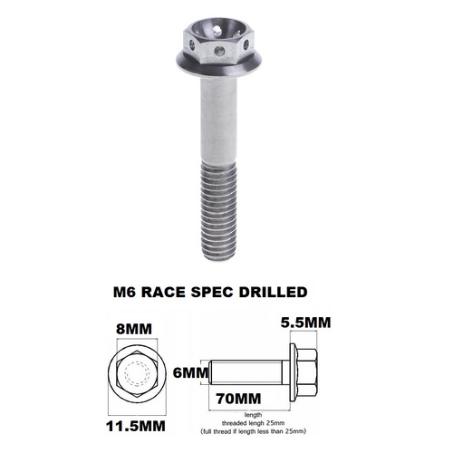 M6X70MM 1.0 THREAD PITCH TITANIUM RACE FLANGE 8MM HEX BOLT GR 5