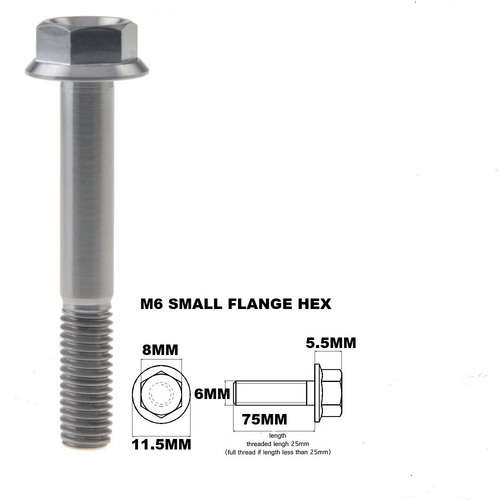 M6X75MM 1.00 THREAD PITCH TITANIUM FLANGE 8MM HEX BOLT GRADE 5