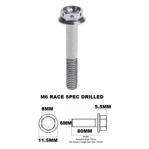 M6X80MM 1.0 THREAD PITCH TITANIUM RACE FLANGE 8MM HEX BOLT GR 5