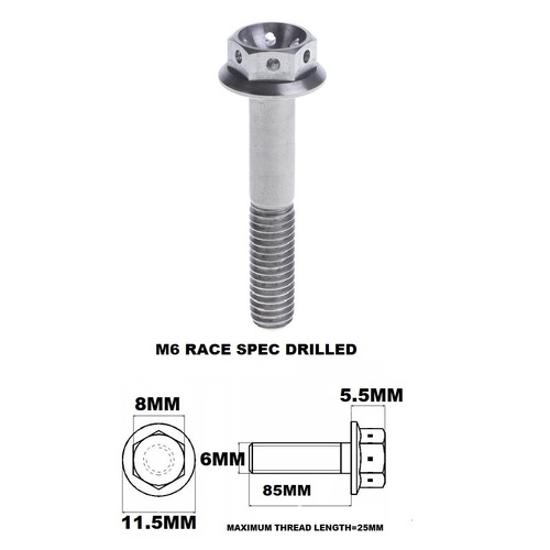 M6X85MM 1.0 THREAD PITCH TITANIUM RACE FLANGE 8MM HEX BOLT GR 5