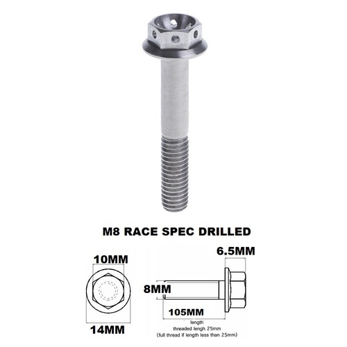 M8X105MM 1.25 THREAD TITANIUM RACE FLANGE 10MM HEX BOLT GR5