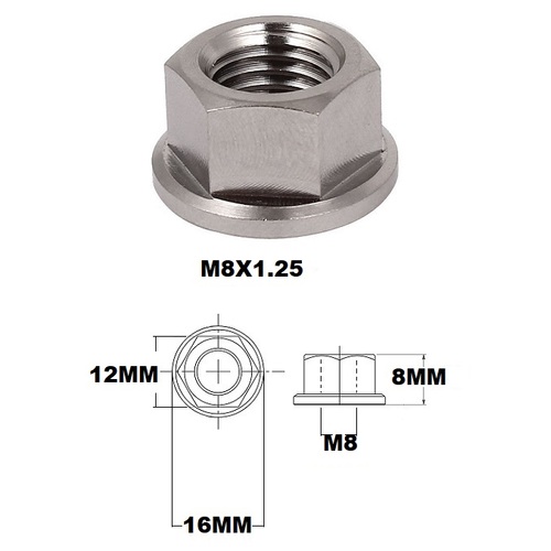 M8X1.25 THREAD PITCH TITANIUM FLANGED 12MM HEX NUT GRADE 5