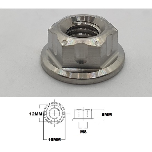 M8X1.25 THREAD TITANIUM FLANGED 12MM HEX FANCY NUT GRADE 5