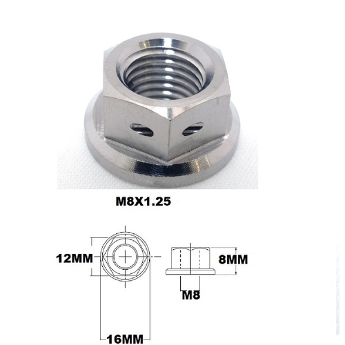 M8X1.25 THREAD PITCH TITANIUM FLANGED 12MM HEX NUT GRADE 5