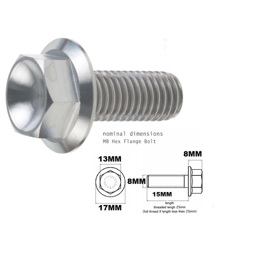 M8X15MM 1.25 THREAD PITCH TITANIUM FLANGE 13MM HEX BOLT GRADE 5
