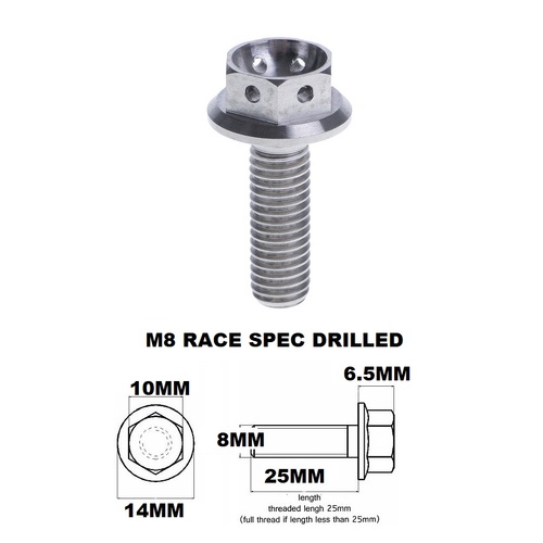 M8X25MM 1.25 THREAD PITCH TITANIUM RACE FLANGE 10MM HEX BOLT GR5