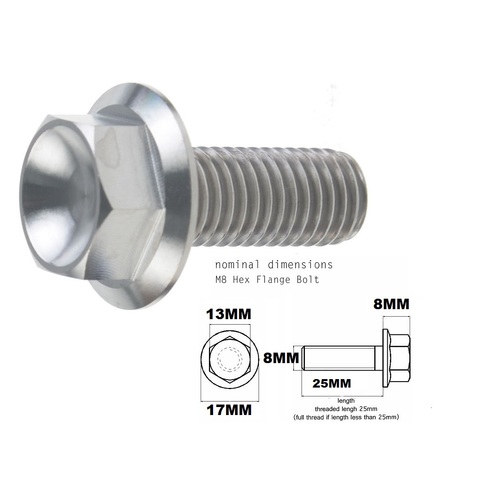 M8X25MM 1.25 THREAD PITCH TITANIUM FLANGE 13MM HEX BOLT GRADE 5